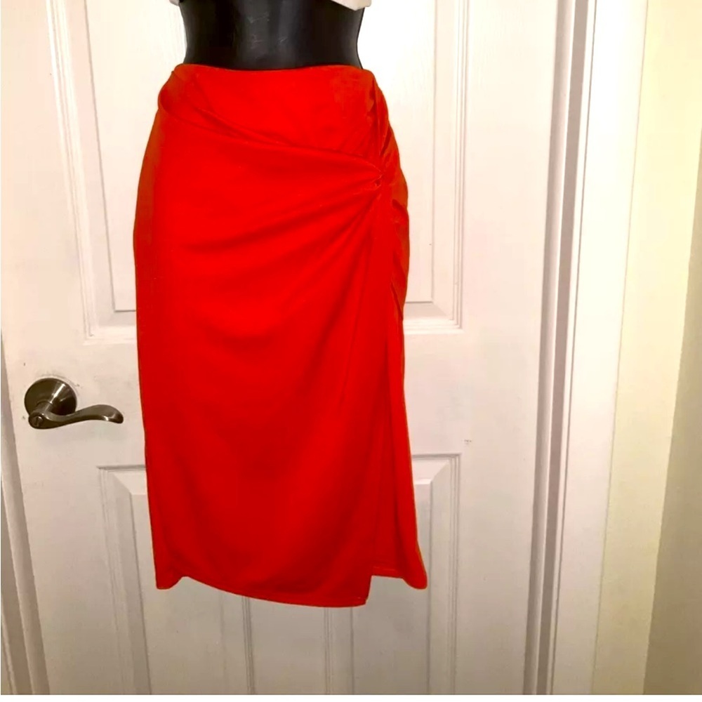 Kate Kasin Orange High Waist‎ Knee Length  Faux Wrap Skirt Size Small